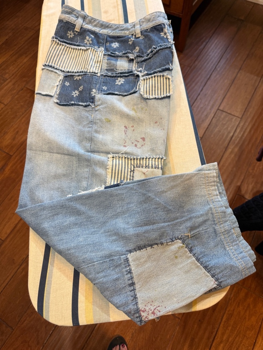 Free People High Rise Patchwork Jeans - Blue and Cream